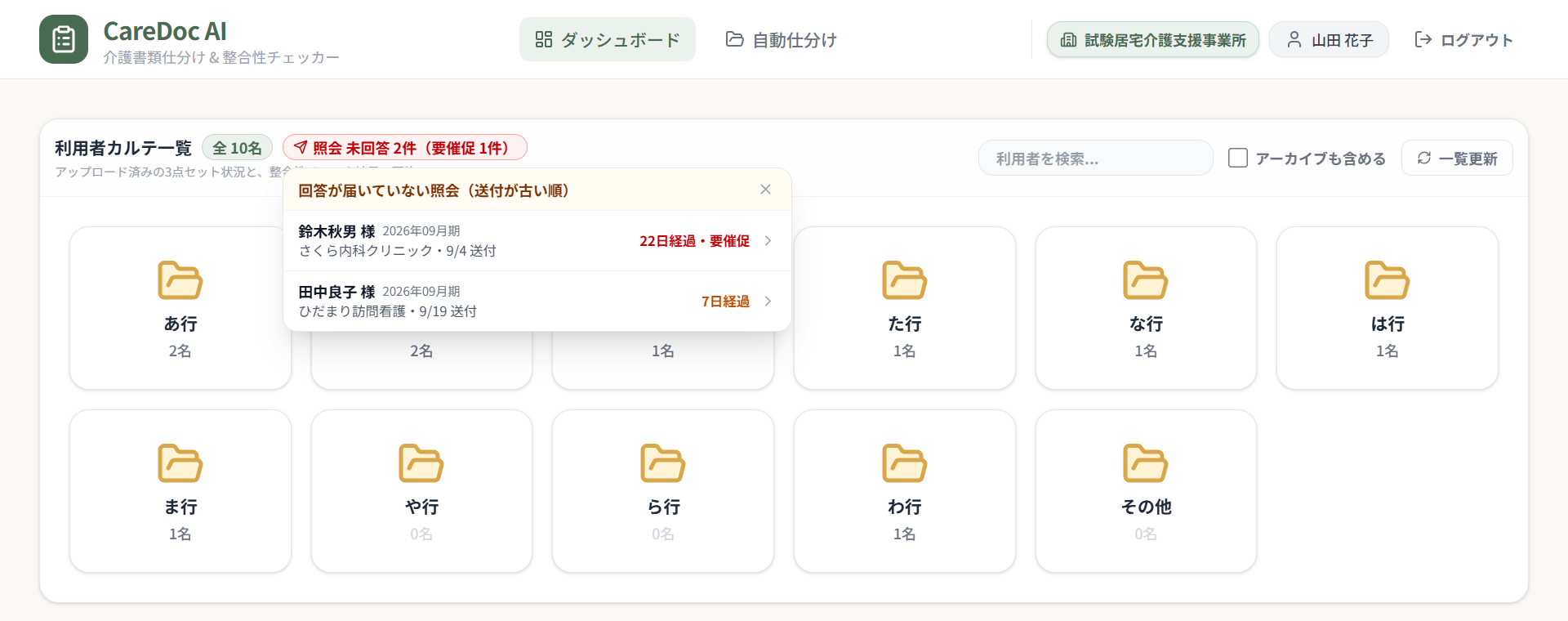 利用者カルテ一覧の画面。回答が届いていない照会が送付の古い順に並び、送付から 22 日たったものに要催促の印が出ている